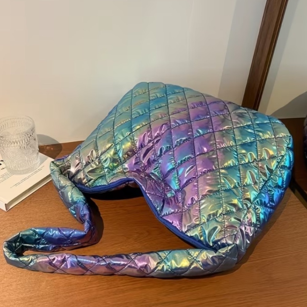 Iridescent Quilted Puffy Women's Large Shoulder Bag Purple, Green, Blue NWT - Picture 3 of 5